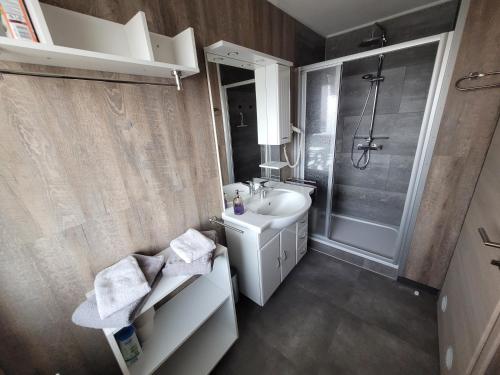 a bathroom with a sink and a shower at Penthouse-Apartment AM KORNFELD in Lünen