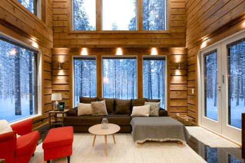 salon z kanapą i oknami w obiekcie Charming log house - Lumous B - Pyhätunturi - Finland w mieście Pyhätunturi