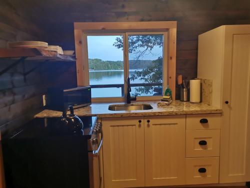 cocina con fregadero y ventana en Muskoka Shores Cottages, en Port Carling