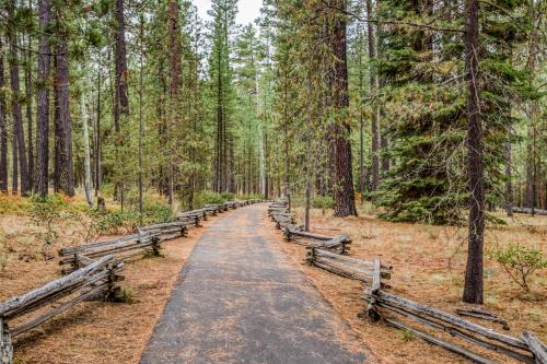 a dirt road in a forest with wooden fences at Sisters Basecamp - Meredith Lodging in Sisters
