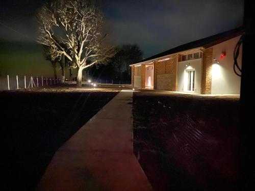 a house at night with a tree in front of it at b&b Agriturismo San Matteo in Chiavicone