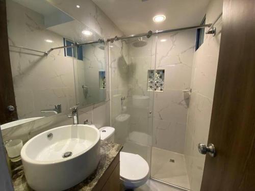 een badkamer met een wastafel, een toilet en een douche bij Apto con excelente Ubicación. in Barranquilla