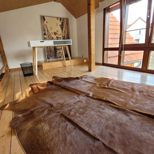 uma sala de estar com um grande tapete de pele no chão em Ferienwohnung an der Stadtmauer em Warburg