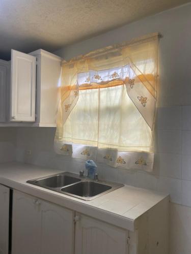 a kitchen with a sink and a curtain over a window at Eastside Living "The Sunflower" in Saint Philip