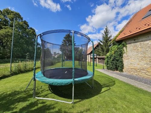 a trampoline in the grass in a yard at Penzion pod Krivanom in Liptovský Hrádok