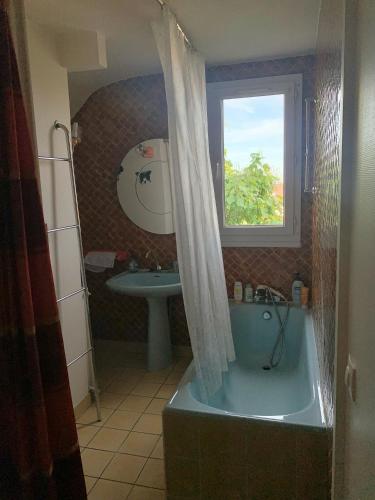 une salle de bain avec une baignoire, un lavabo et une fenêtre dans l'établissement Ker Anna, à Athis-Mons