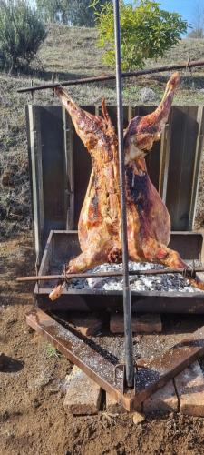 a piece of meat is cooking on a grill at Viejoboldo_latrinchera in Los Rábanos