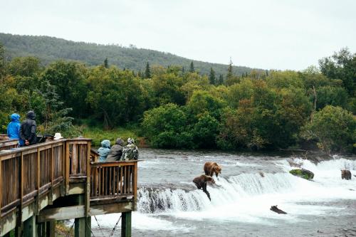 un grupo de personas de pie en un puente sobre una cascada en The Lodge at 58* North en King Salmon