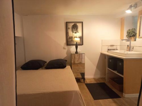 niewielka sypialnia z 2 łóżkami i umywalką w obiekcie Le Nid w Awinionie