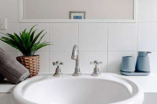 a bathroom sink with two faucets and a plant at Tyrone Sands Rye in Rye