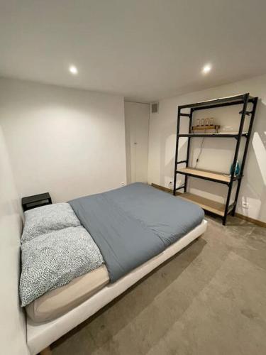une chambre avec un lit et une étagère dans l'établissement confortable appartement 3 pièces Flatters, à Paris
