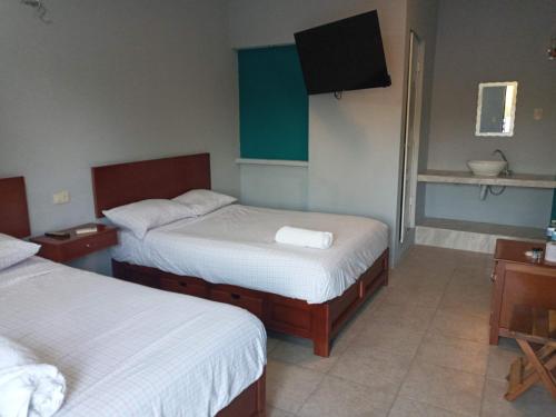 a hotel room with two beds and a television at Hotel Albatros in Isla Aguada