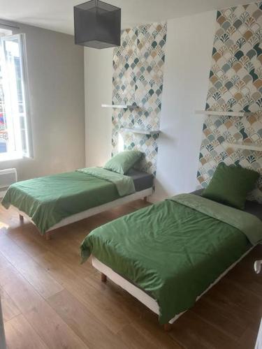 Habitación con 2 camas con sábanas verdes y ventana en APPARTEMENT CHEZ TRICIA, en Thorigny-sur-Marne