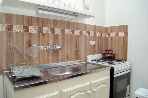 a kitchen with a sink and a stove at Sierras Apartamentos in Villa Santa Cruz del Lago