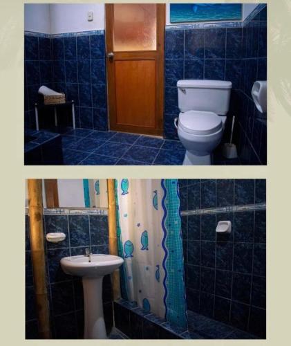 two pictures of a bathroom with a toilet and a sink at Varadero Bungalows in Los Órganos