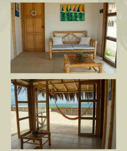 two pictures of a room with a bed and a window at Varadero Bungalows in Los Órganos