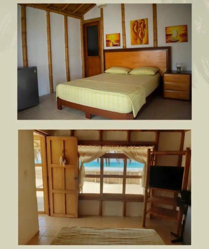 2 fotos de un dormitorio con cama y TV en Varadero Bungalows, en Los Órganos