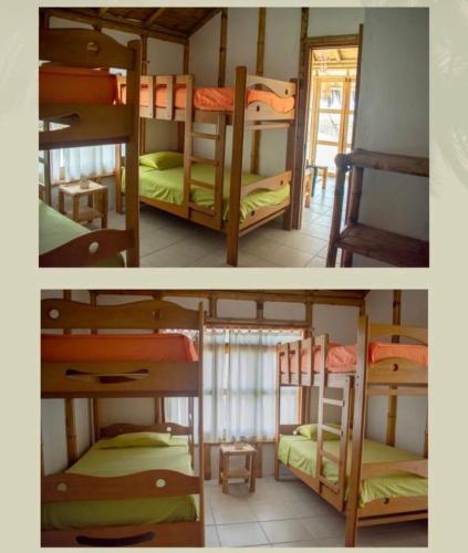 two pictures of a room with bunk beds at Varadero Bungalows in Los Órganos