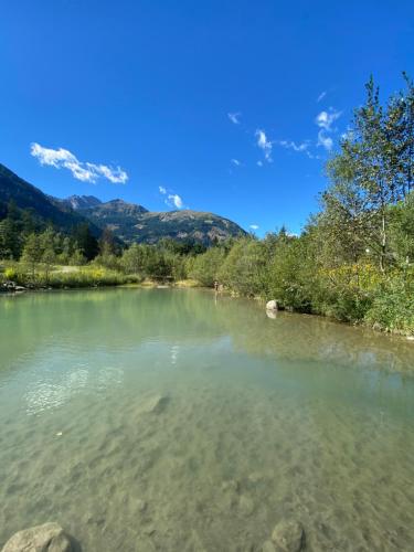 a view of a river with mountains in the background at Apartment Haus Christina in Großkirchheim