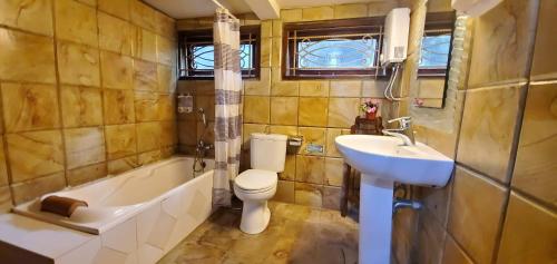 een badkamer met een wastafel, een toilet en een bad bij Balinese Villa in Berastagi in Berastagi