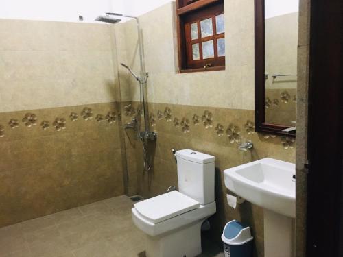 ein Bad mit einer Dusche, einem WC und einem Waschbecken in der Unterkunft Sathis villa in Ambalangoda