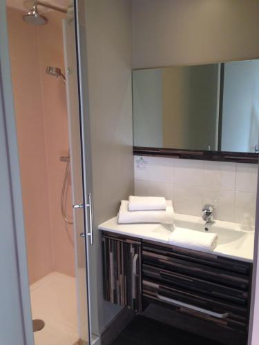 une salle de bain avec un lavabo et un miroir dans l'établissement Le Relais des Bergers, à Saint-Martin-en-Haut