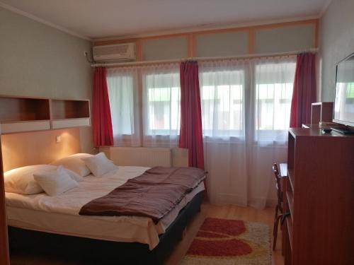 a bedroom with a large bed with red curtains at Hőforrás Hotel in Gyula