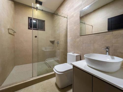 La salle de bains est pourvue de toilettes, d'un lavabo et d'une douche. dans l'établissement Arrue's Coastal Escape, à Pedasí Town
