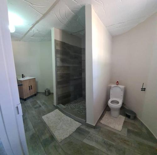 a bathroom with a toilet in a room at Arnhem Cave Lodge in Omitara