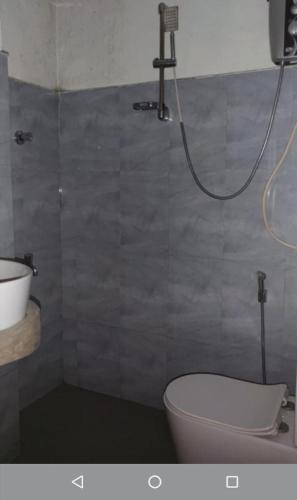 a bathroom with a shower and a toilet and a sink at Sunrise City Palace in Negombo