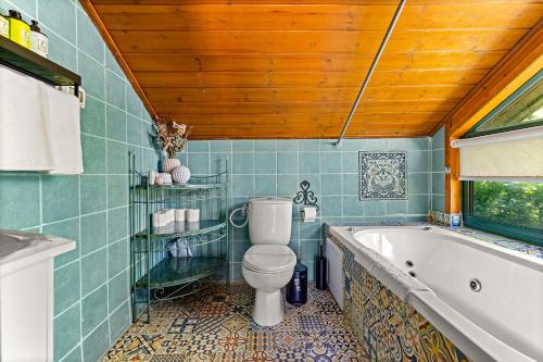 a bathroom with a toilet and a bath tub at THE HOUSE ROSH PINA - 2BRM WITH POOl in Rosh Pinna