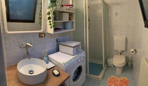 uma casa de banho com um lavatório e uma máquina de lavar roupa em Casamanu em Montebelluna