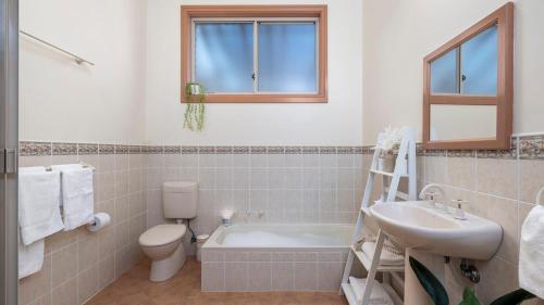 a bathroom with a toilet a sink and a bath tub at Zahirs Retreat in North Arm Cove