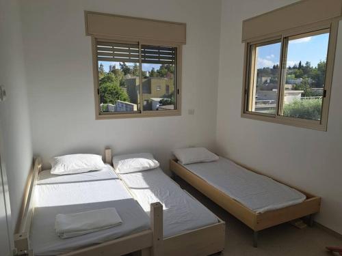 two beds in a room with two windows at וילה אקרופוליס Villa Acropolis in ‘En Dor