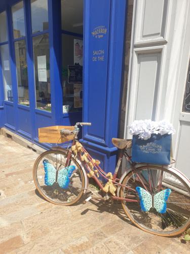 a bike parked in front of a blue door at Wildberry cottage in Orgères-la-Roche