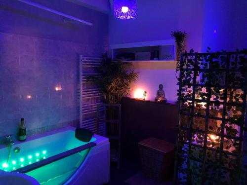 a bathroom with a green tub in a purple room at Appartement spacieux in Flize