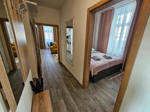 Cette petite chambre comprend un lit et un miroir. dans l'établissement Velký byt 3+kk Klicperova, 2 ložnice, à Hradec Králové