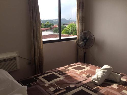 a bedroom with a bed with a fan and a window at Cebu City 3 bedrooms split house 2nd floor-WIFI in Cebu City