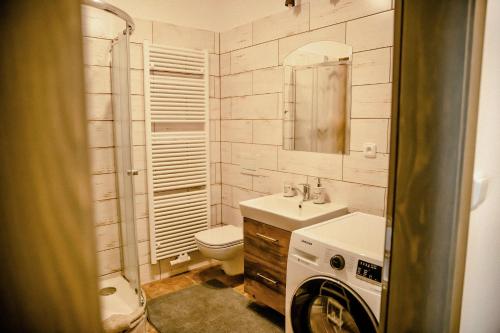 Podkrovní byt na Velkém náměstí s Wi-Fi zdarma في هراديك كرالوف: حمام مع حوض استحمام وغسالة ملابس