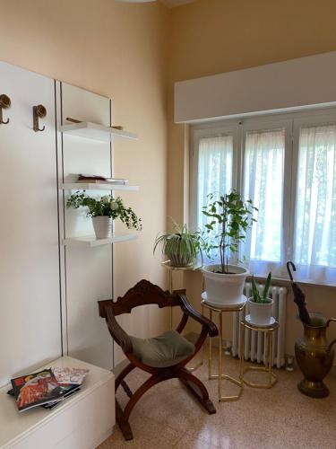 a living room with a chair and potted plants at Casa Vacanza Lilia vicino la Stazione e Caserma in Foligno