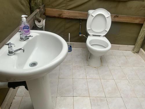 a bathroom with a white sink and a toilet at Lorato Camping in Muchenje
