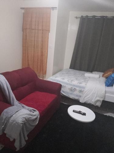 ein Wohnzimmer mit einem Sofa und einem Bett in der Unterkunft Cool studio in south b Sanasana area in Nairobi