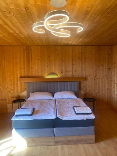 a bedroom with a bed in a wooden room at Pension Maximilian in Gamlitz