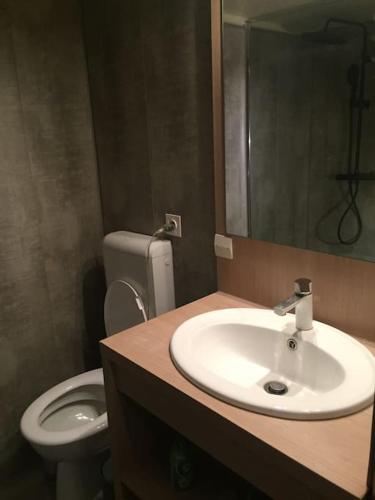 une salle de bain avec un lavabo et des toilettes dans l'établissement Beach apartment - Ocean sunset full view, à Meschers-sur-Gironde