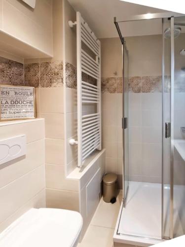 une salle de bain avec douche et toilettes dans l'établissement The White Bear - Appartement Spacieux et Confortable, à La Clusaz