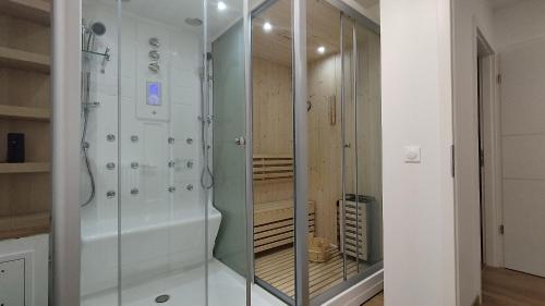 une douche avec une porte vitrée dans une salle de bain dans l'établissement Chalet Le Refuge, à Vaujany
