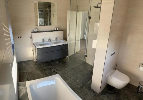 a bathroom with a sink and a shower and a toilet at Luxury/Urban Penthouse in Dresden