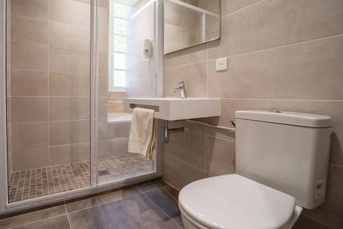 a bathroom with a toilet and a shower and a sink at Les Chambres de l'Abbaye in Saintes