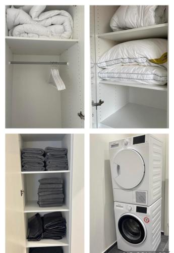 three pictures of a closet with a washer and dryer at 37-2-7 City Apartment Dæmningen Vejle in Vejle