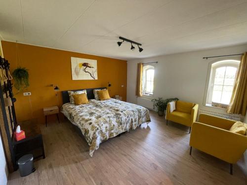 1 dormitorio con cama y pared amarilla en De Grote Drent, 